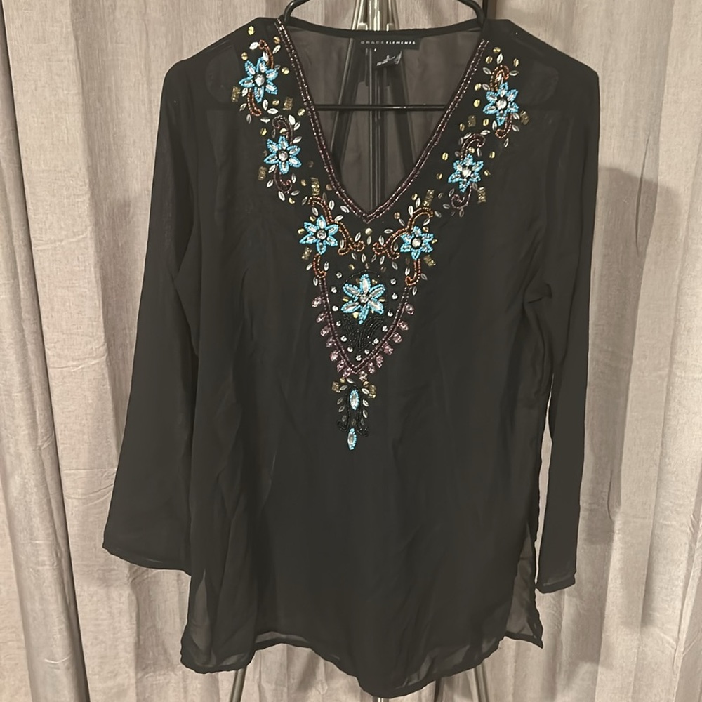Grace Elements Black Embellished sheer‎ Tunic Blouse